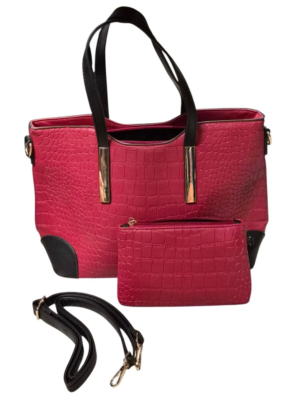 Red Croc Embossed Tote Bag w/ Crossbody Strap & Matching Zip Pouch Purse